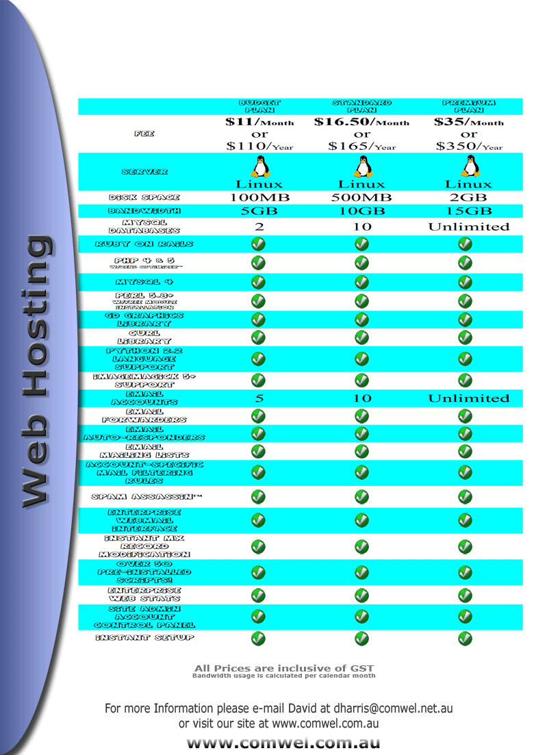 Web Hosting plans starting with our Budget Plan for only $9 per month.  Thru to our Premium Plan that offers 2Gig of drive space and 15 Gig of bandwidth from only $29 per month.  All of this on our super fast servers.  